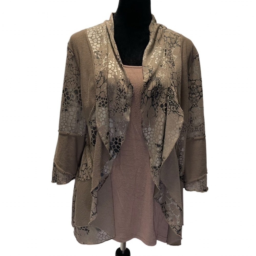 Multiples Women's XL Draped Open Front Animal Abstract Print Cardigan Tan Brown